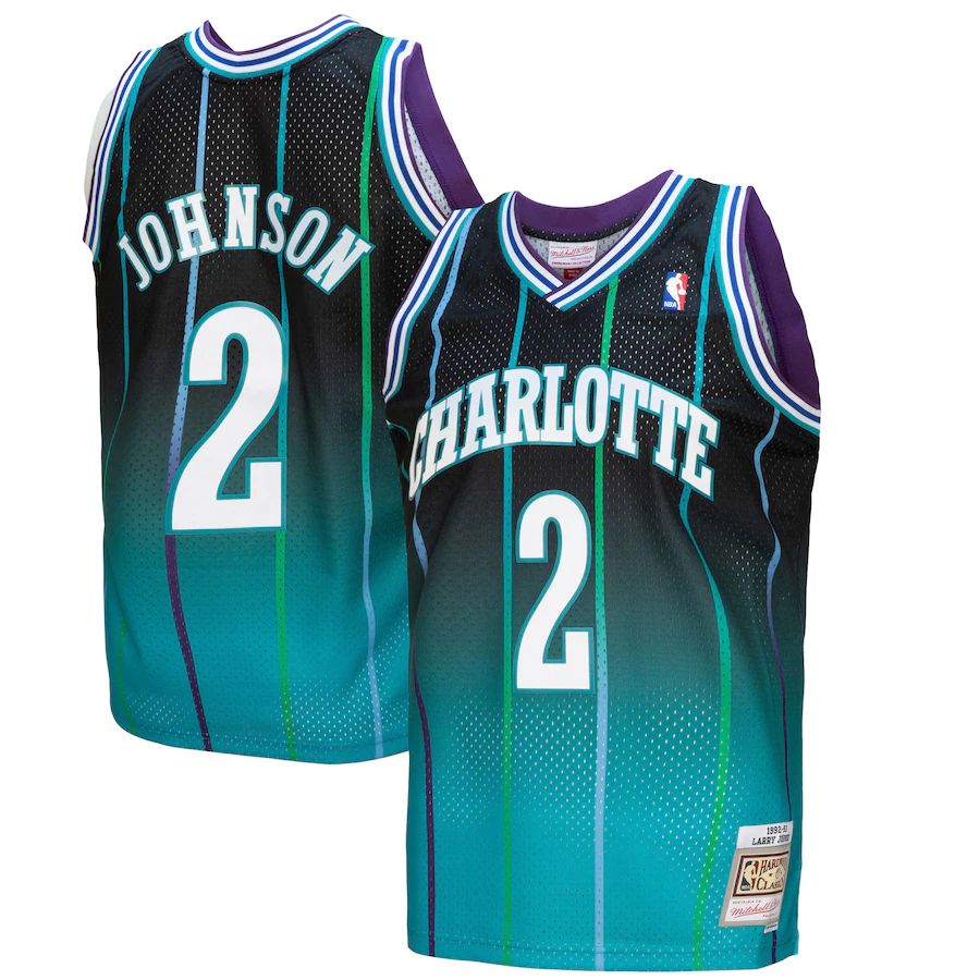 Charlotte Hornets #2 Larry Johnson Mitchell & Ness Men's Teal/Black 1992/93 Hardwood Classics Fadeaway Swingman Jersey