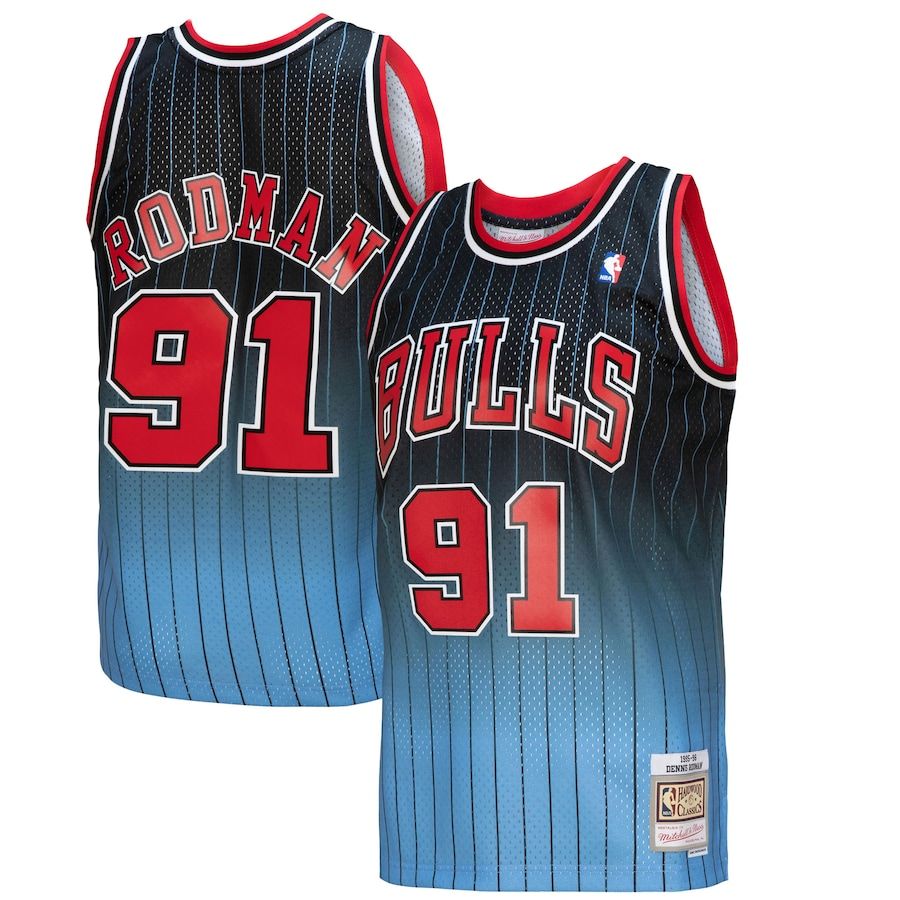 Chicago Bulls #91 Dennis Rodman Mitchell & Ness Men's Black/Light Blue 1995/96 Hardwood Classics Fadeaway Swingman Player Jersey