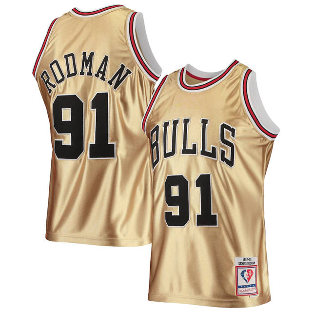 Nike Bulls #91 Dennis Rodman Men's Gold Mitchell & Ness 75th Anniversary 1997-98 Hardwood Classics Swingman Jersey