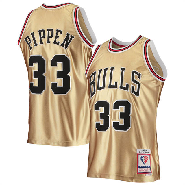 Nike Bulls #33 Scottie Pippen Men's Gold Mitchell & Ness 75th Anniversary 1997-98 Hardwood Classics Swingman Jersey