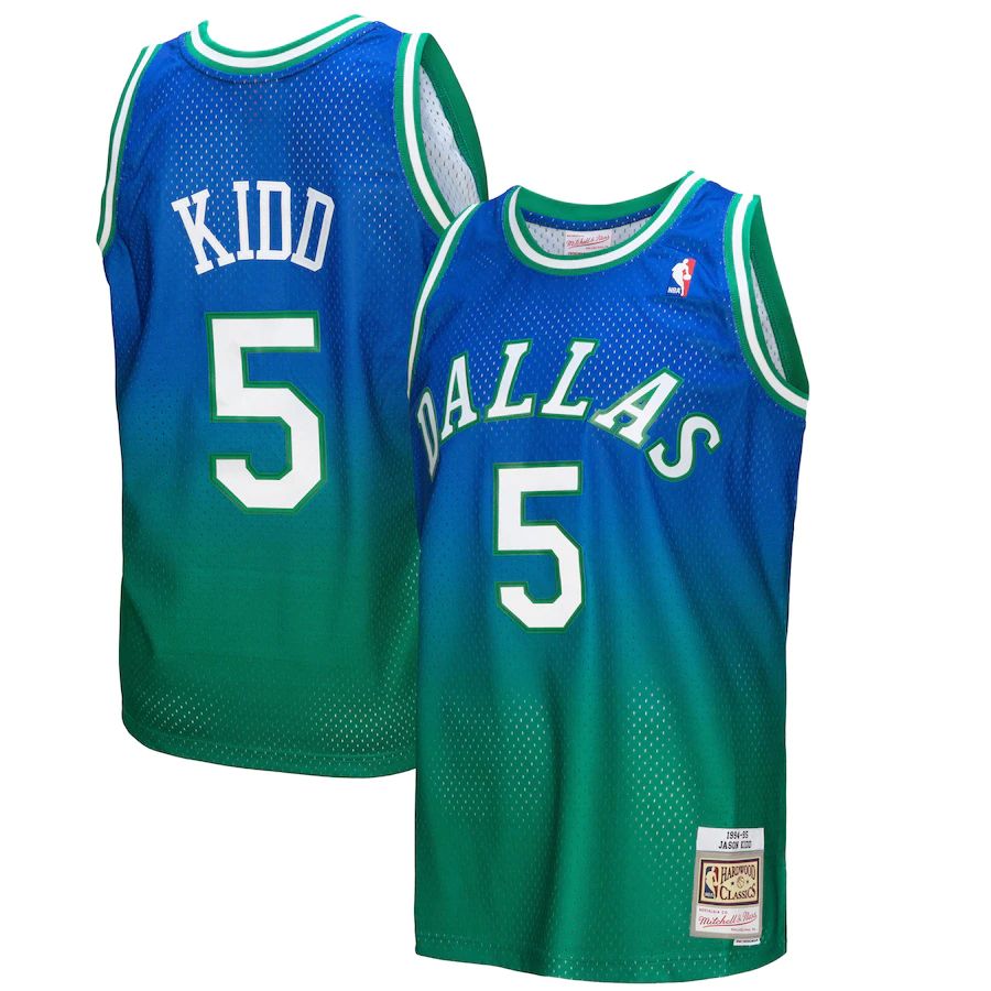 Dallas Mavericks #5 Jason Kidd Mitchell & Ness Men's Green/Navy 1994/95 Hardwood Classics Fadeaway Swingman Player Jersey