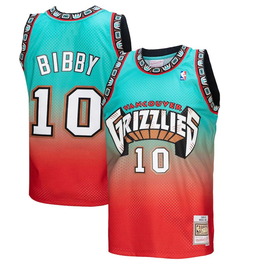 Vancouver Grizzlies #10 Mike Bibby Mitchell & Ness Men's Red/Teal 1998/99 Hardwood Classics Fadeaway Swingman Player Jersey