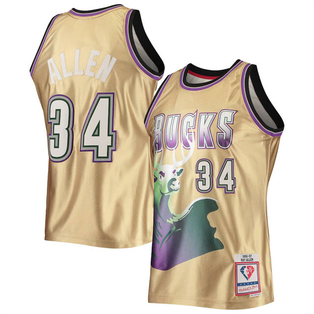 Milwaukee Bucks #34 Ray Allen Men's Nike Gold Mitchell & Ness 75th Anniversary 1996-97 Hardwood Classics Swingman Jersey