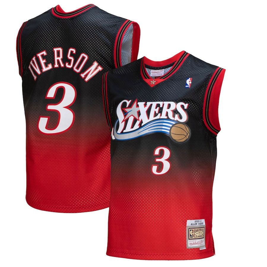 Philadelphia 76ers #3 Allen Iverson Mitchell & Ness Men's Black/Red 2000/01 Hardwood Classics Fadeaway Swingman Player Jersey