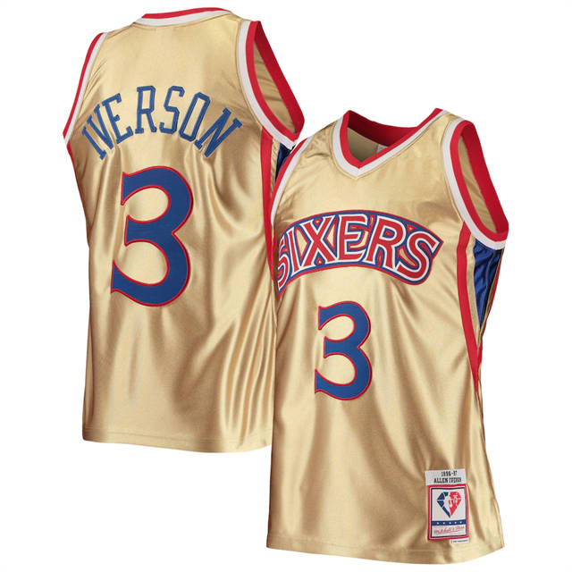 Nike 76ers #3 Allen Iverson Men's Gold Mitchell & Ness 75th Anniversary 1996-97 Hardwood Classics Swingman Jersey