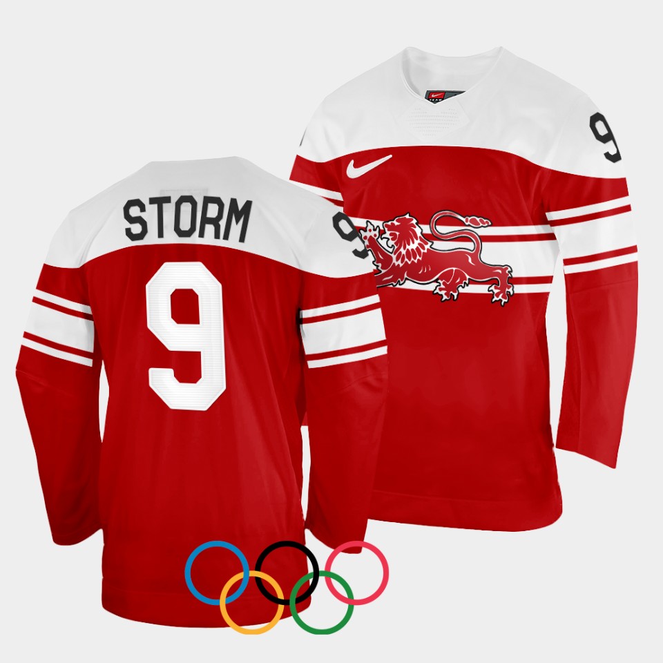 Denmark Hockey #9 Frederik Storm Men's 2022 Winter Olympics Away Jersey - Red