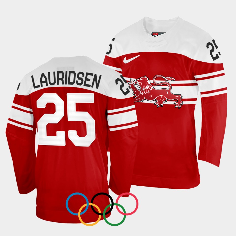 Denmark Hockey #25 Oliver Lauridsen Men's 2022 Winter Olympics Away Jersey - Red