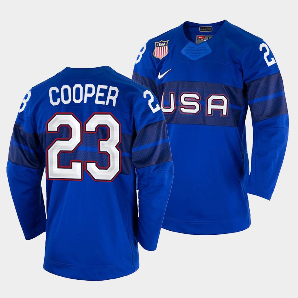 USA Hockey #23 Brian Cooper Men's 2022 Beijing Winter Olympic Alternate Jersey - Blue