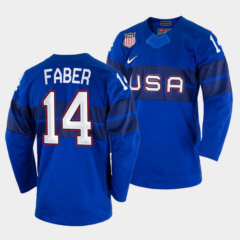 USA Hockey #14 Brock Faber Men's 2022 Beijing Winter Olympic Alternate Jersey - Blue