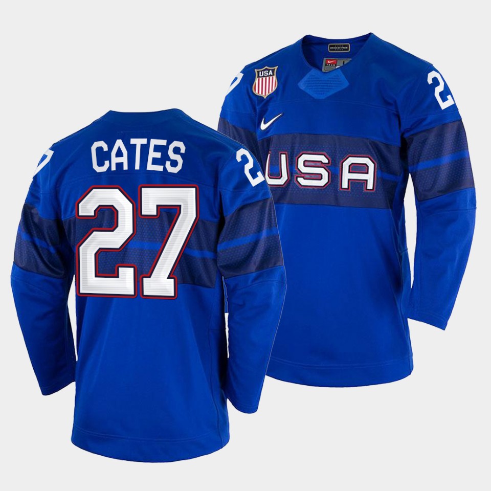 USA Hockey #27 Noah Cates Men's 2022 Beijing Winter Olympic Alternate Jersey - Blue