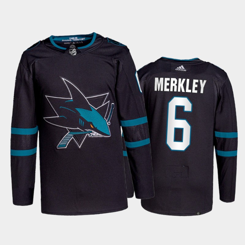 Adidas Sharks #6 Ryan Merkley Men's 2021-22 Alternate Authentic NHL Jersey - Black
