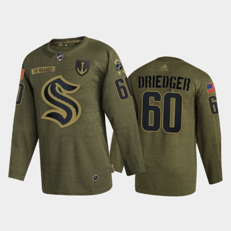 Seattle Kraken #60 Chris Driedger Men's Adidas Veterans Day 2022 Military Appreciation NHL Jersey - Olive