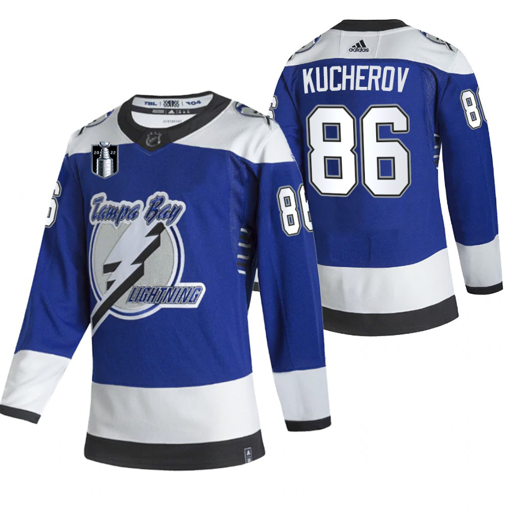 Tampa Bay Lightning #86 Nikita Kucherov Blue Men's Adidas 2022 Stanley Cup Final Patch Reverse Retro Alternate NHL Jersey