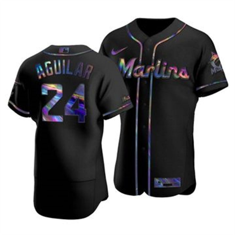 Miami Marlins #24 Jesus Aguilar Men's Nike Iridescent Holographic Collection MLB Jersey - Black