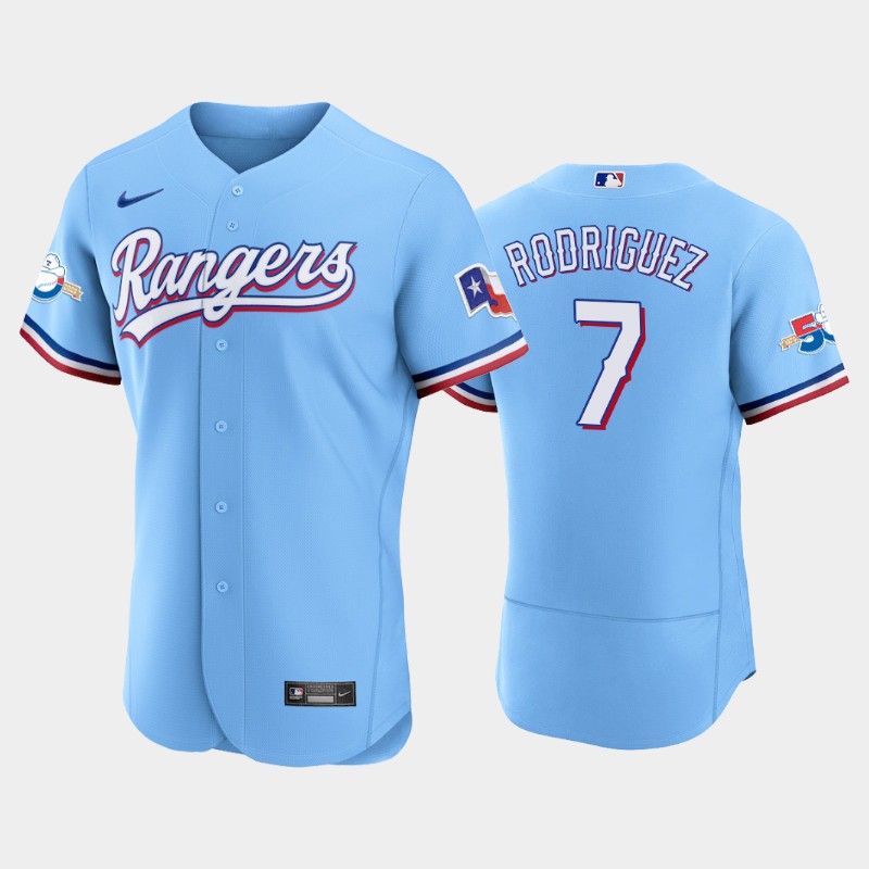 Texas Rangers #7 Ivan Rodriguez Authentic 50th Anniversary Men's Nike Alternate MLB Jersey - Light Blue