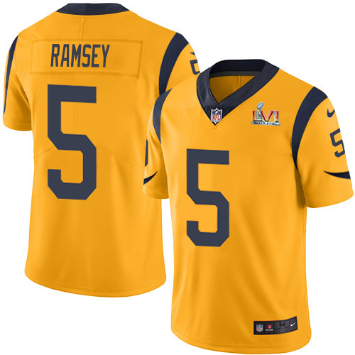 Nike Rams #5 Jalen Ramsey Gold Super Bowl LVI Patch Men's Stitched NFL Limited Rush Jersey