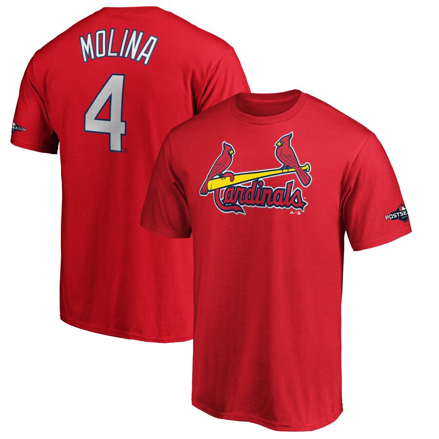 St. Louis Cardinals #4 Yadier Molina Majestic 2019 Postseason Name & Number T-Shirt Red