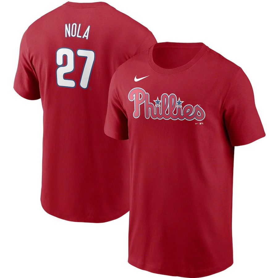 Philadelphia Phillies #27 Aaron Nola Nike Name & Number T-Shirt Red