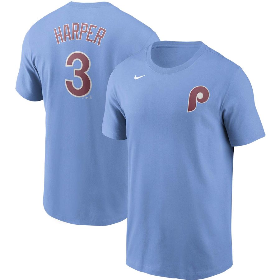 Philadelphia Phillies #3 Bryce Harper Nike Name & Number T-Shirt Light Blue