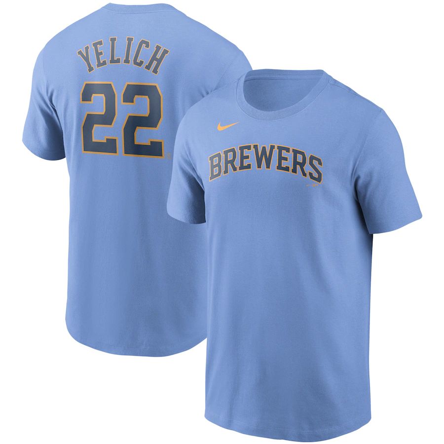 Milwaukee Brewers #22 Christian Yelich Nike Name & Number T-Shirt Light Blue