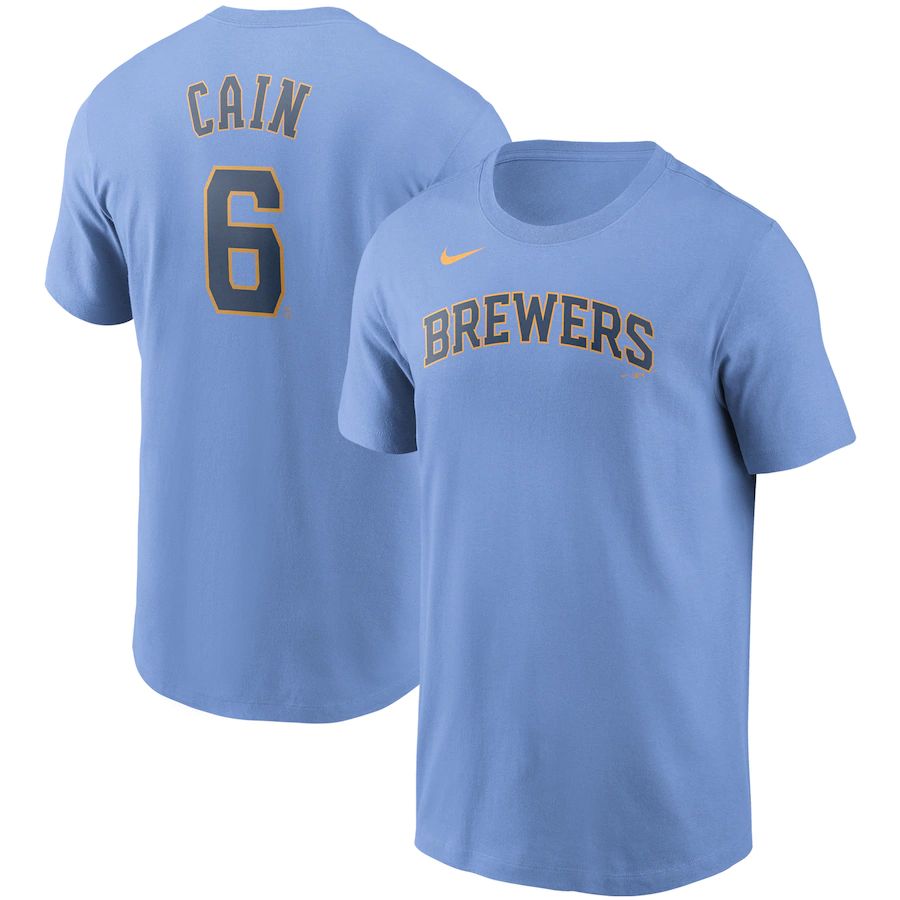Milwaukee Brewers #6 Lorenzo Cain Nike Name & Number T-Shirt Light Blue