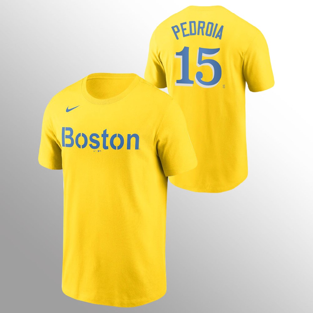 Boston Red Sox #15 Dustin Pedroia Men's 2021 City Connect Gold Name & Number T-Shirt
