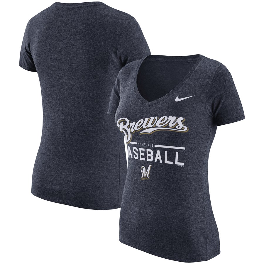 Milwaukee Brewers Nike Women's Practice 1.7 Tri-Blend V-Neck T-Shirt Heathered Navy