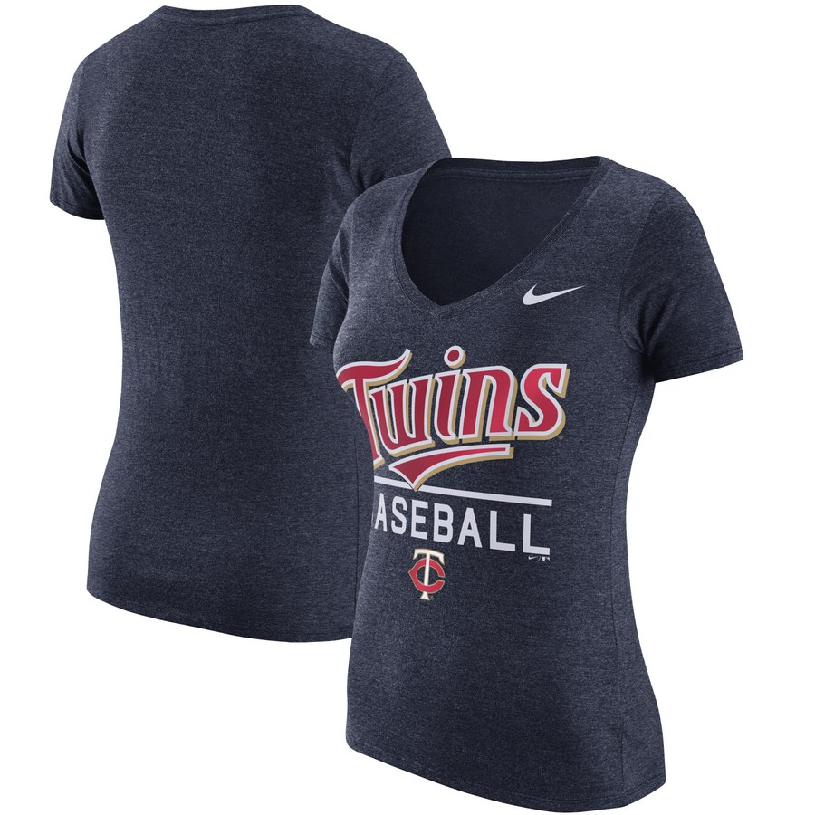 Minnesota Twins Nike Women's Practice 1.7 Tri-Blend V-Neck T-Shirt Heathered Navy
