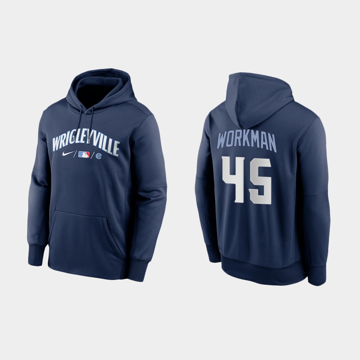 Chicago Cubs #45 Brandon Workman Men's 2021 City Connect Navy Therma Hoodie