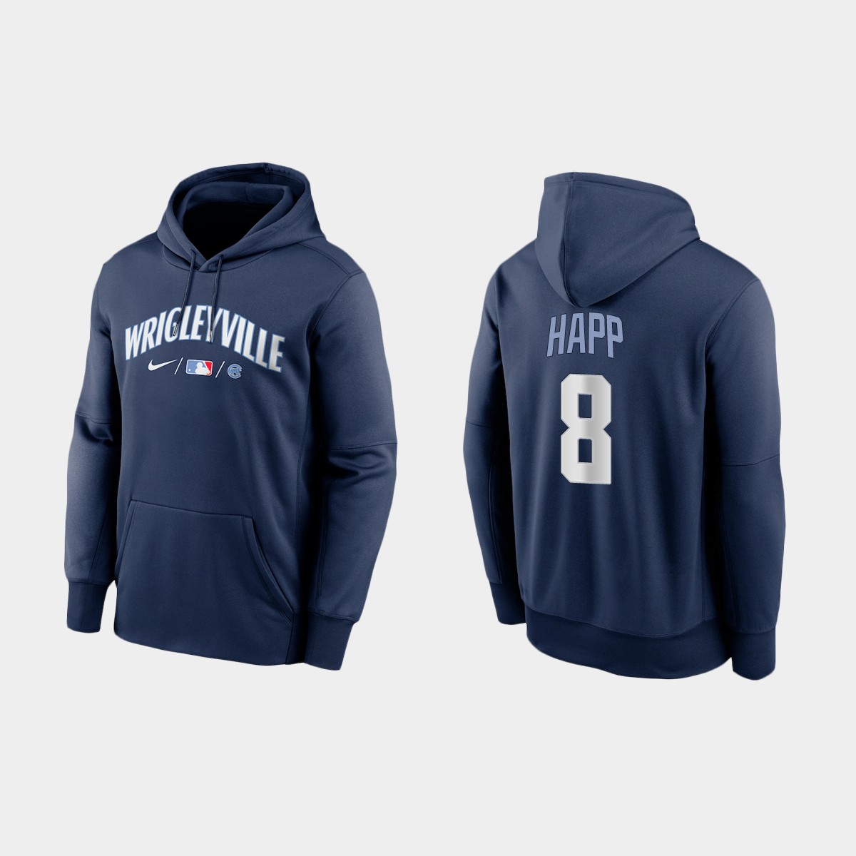 Chicago Cubs #8 Ian Happ Men's 2021 City Connect Navy Therma Hoodie