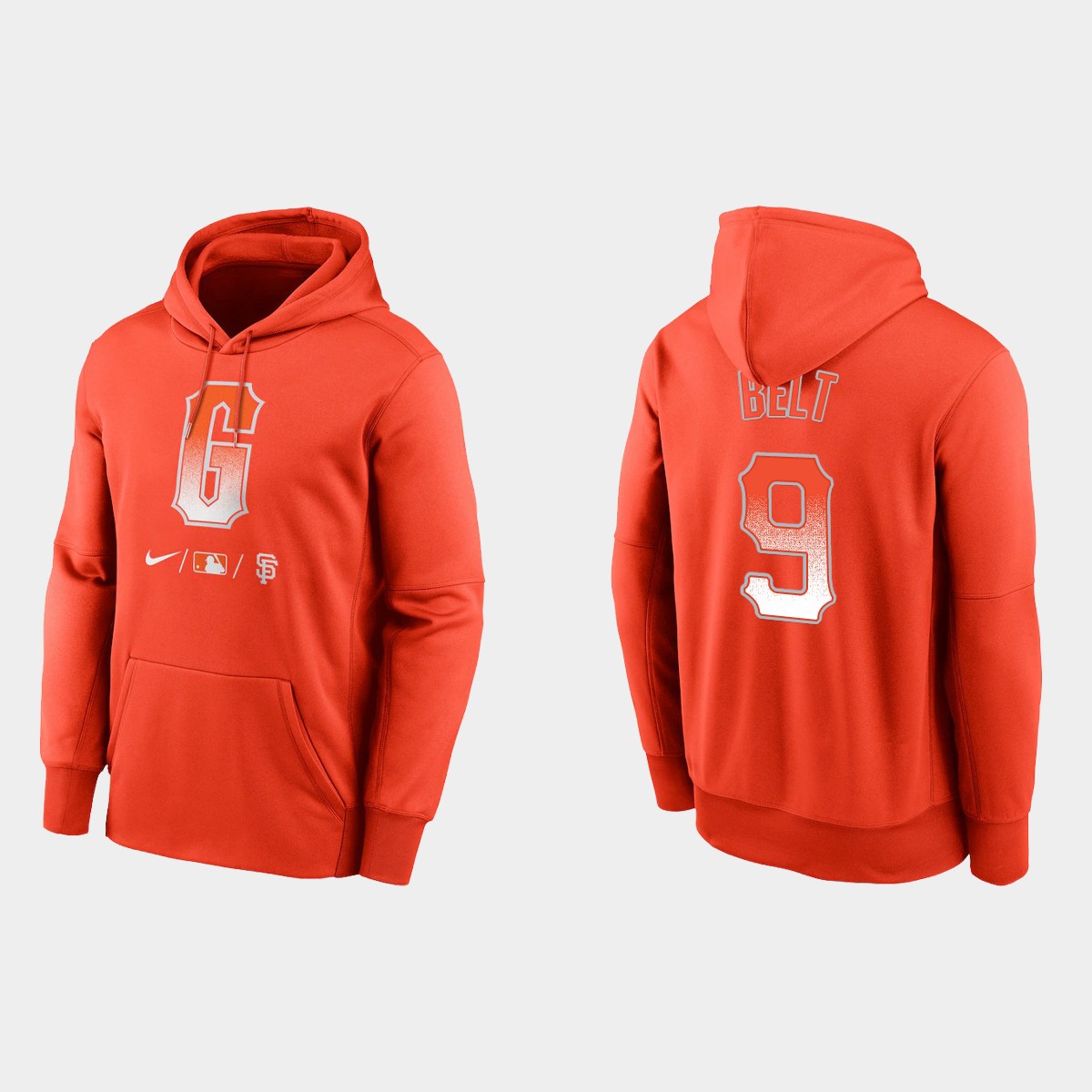 San Francisco Giants #9 Brandon Belt Men's 2021 City Connect Therma Pullover Orange Hoodie