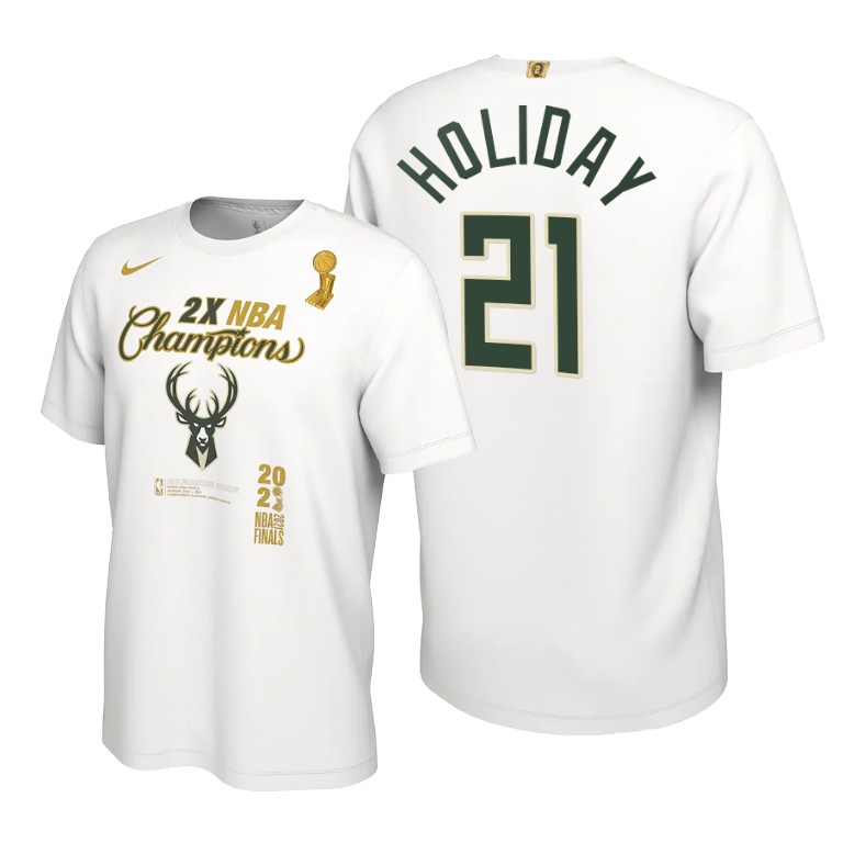 Milwaukee Bucks Men's Nike #21 Jrue Holiday 2021 Finals Champions Locker Room T-Shirt - White