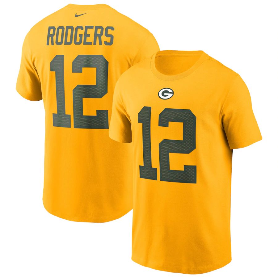 Green Bay Packers #12 Aaron Rodgers Nike Name & Number T-Shirt Gold