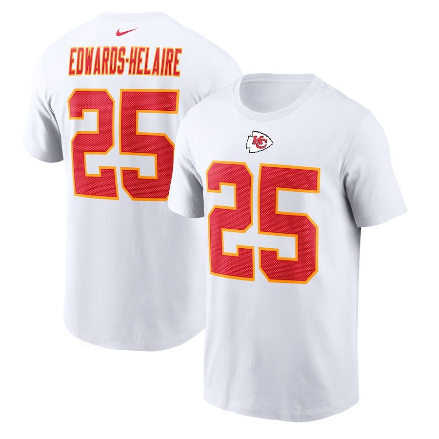 Kansas City Chiefs #25 Clyde Edwards-Helaire Nike Player Name & Number T-Shirt White