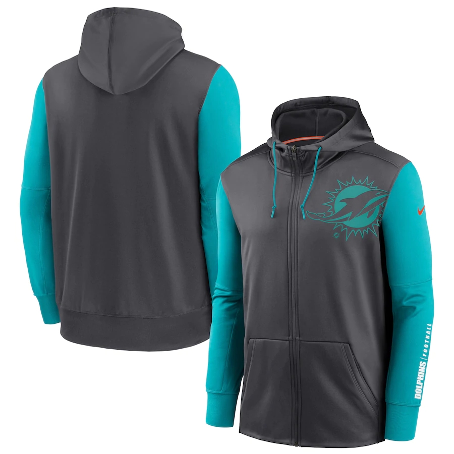 Nike Miami Dolphins Charcoal Aqua Fan Gear Mascot Performance Full-Zip Hoodie