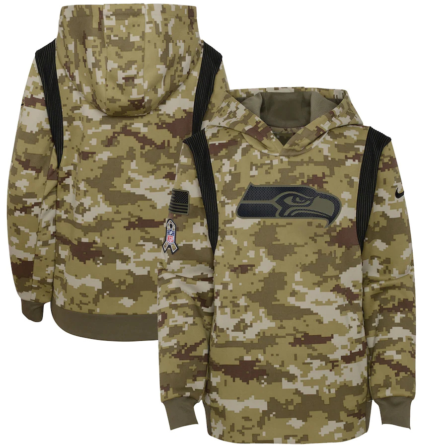 Seattle Seahawks Camo Nike Youth 2021 Salute To Service Therma Performance Pullover Hoodie