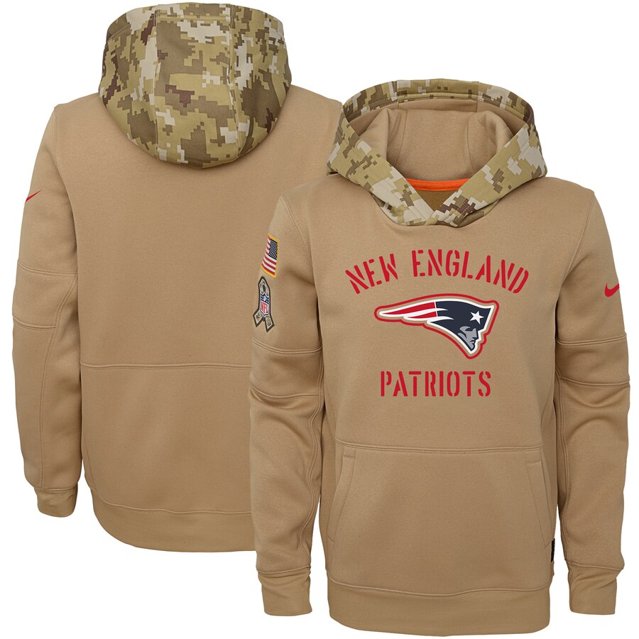 Youth New England Patriots Nike Khaki 2019 Salute to Service Therma Pullover Hoodie