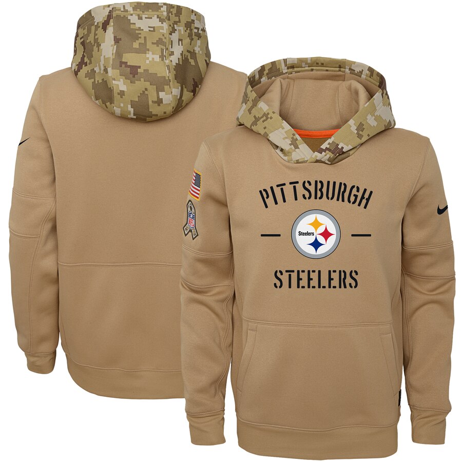 Youth Pittsburgh Steelers Nike Khaki 2019 Salute to Service Therma Pullover Hoodie