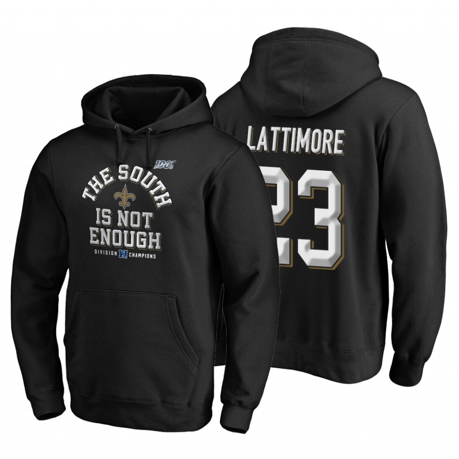 New Orleans Saints #23 Marshon Lattimore 2019 NFC South Division Champions Black Cover Two Hoodie