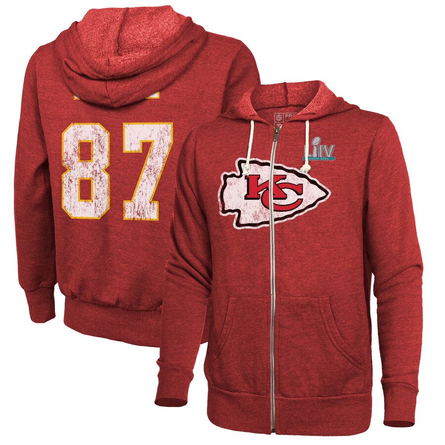 Men's Kansas City Chiefs #87 Travis Kelce NFL Red Super Bowl LIV Bound Player Name & Number Full-Zip Hoodie