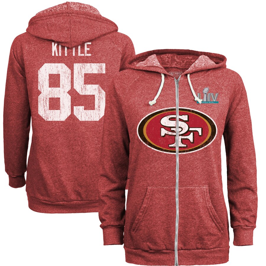 Women's San Francisco 49ers #85 George Kittle NFL Red Super Bowl LIV Bound Player Name & Number Full-Zip Hoodie