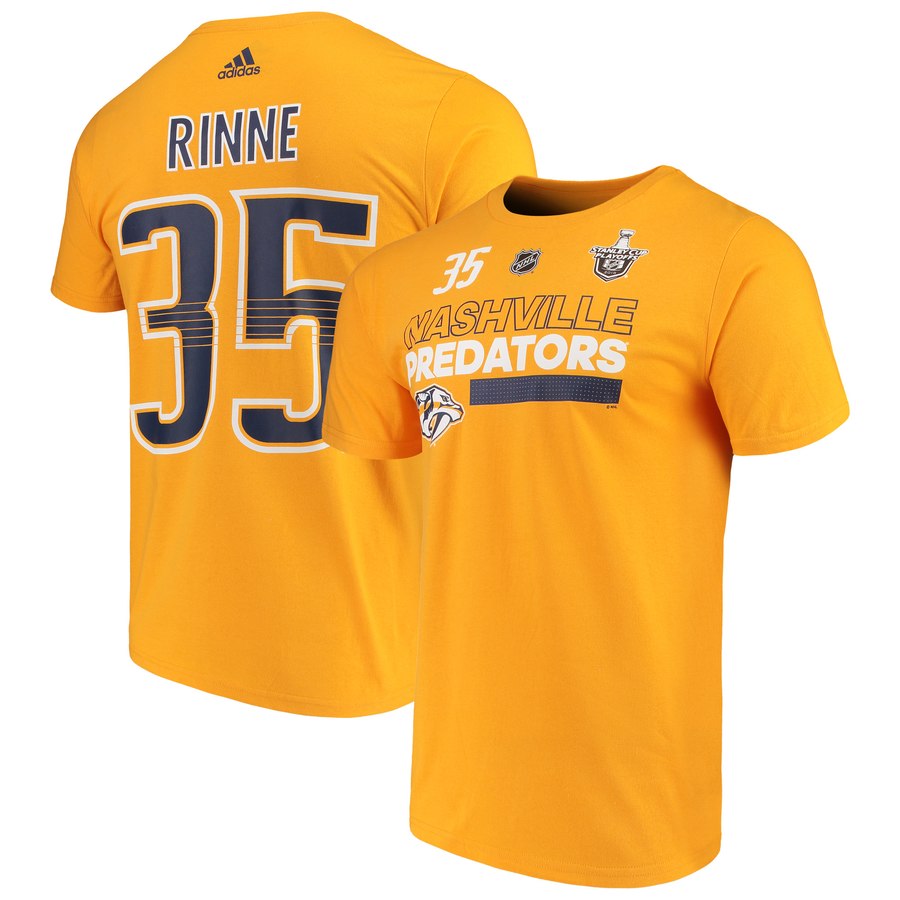Nashville Predators #35 Pekka Rinne adidas 2018 Stanley Cup Playoffs Participant Name & Number T-Shirt Gold