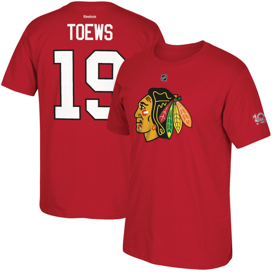 Chicago Blackhawks #19 Jonathan Toews Reebok Centennial Patch Name & Number T-Shirt Red