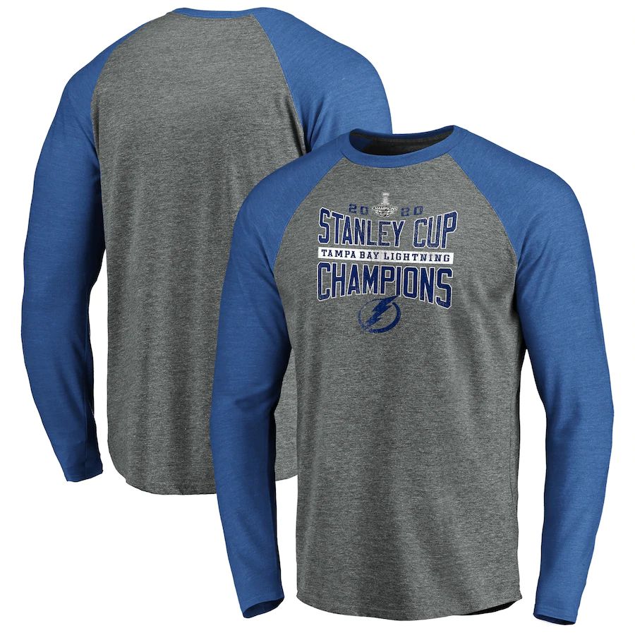 Tampa Bay Lightning 2020 Stanley Cup Champions Odd Man Rush Tri-Blend Raglan Long Sleeve T-Shirt Heather Gray Heather Blue