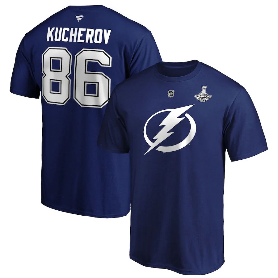 Tampa Bay Lightning #86 Nikita Kucherov 2020 Stanley Cup Champions Name & Number T-Shirt Blue