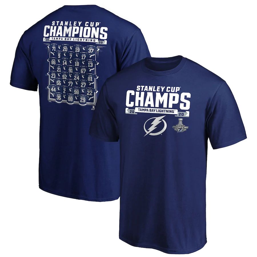 Tampa Bay Lightning 2020 Stanley Cup Champions Short Ice Jersey Roster T-Shirt Blue