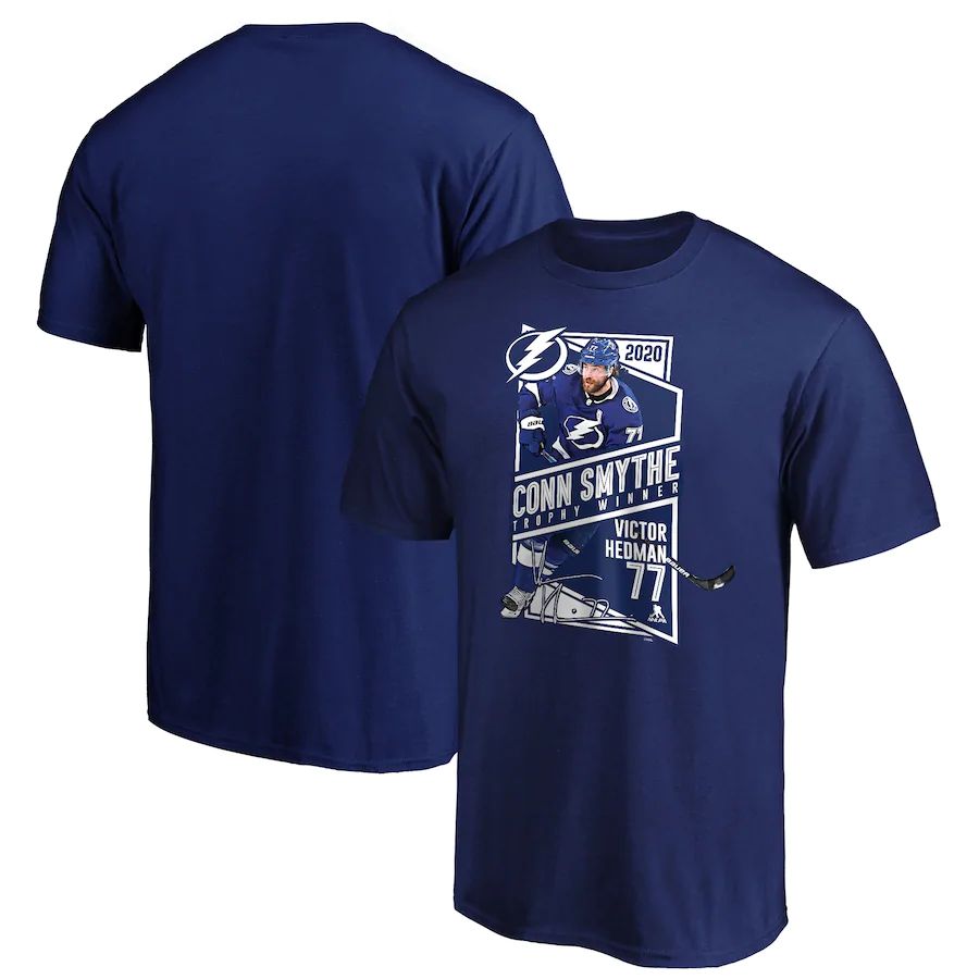Tampa Bay Lightning #77 Victor Hedman 2020 Stanley Cup Champions Conn Smythe Trophy Winner T-Shirt Blue