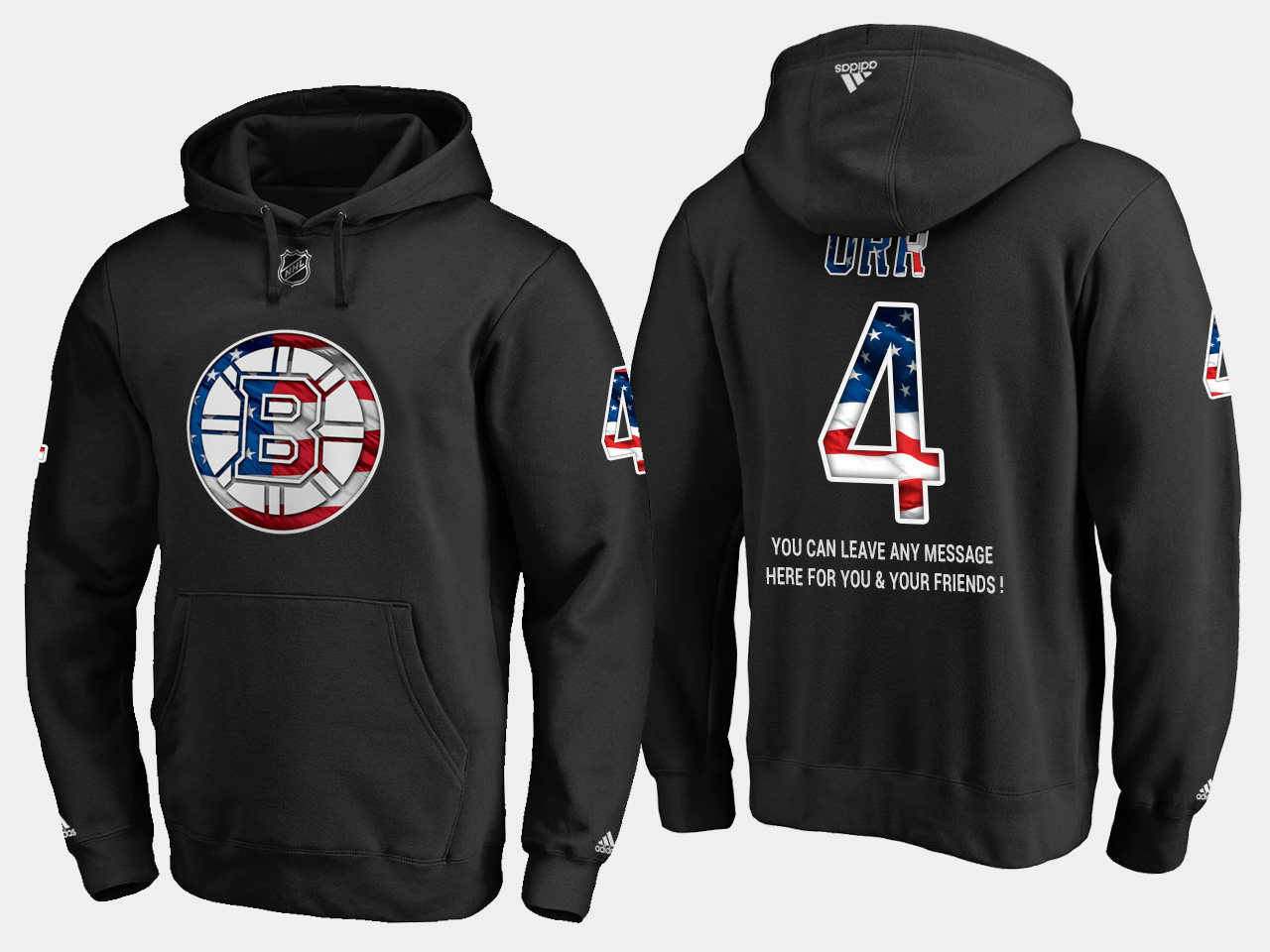 Bruins #4 Bobby Orr NHL Banner Wave Usa Flag Black Hoodie