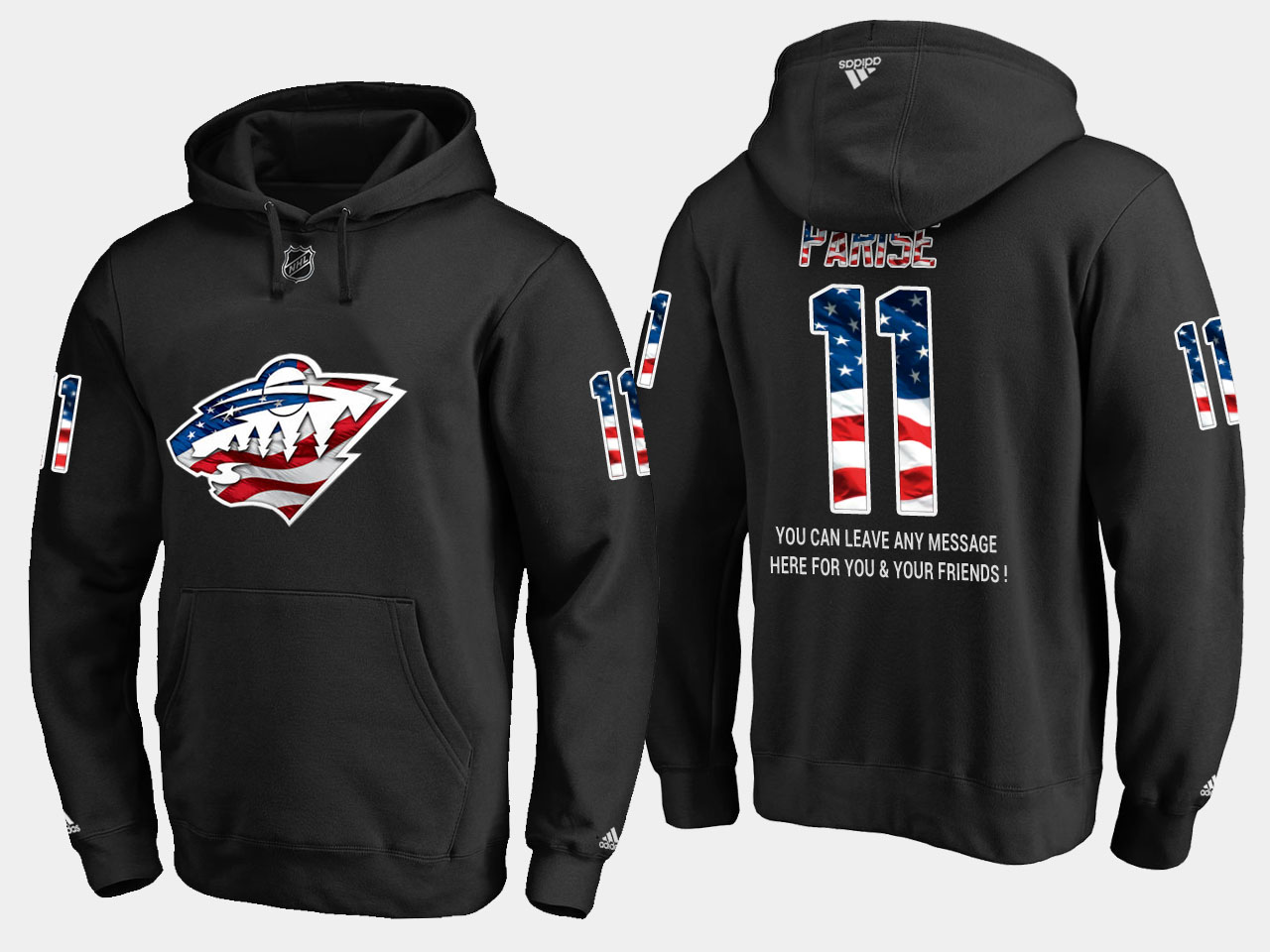 Wild #11 Zach Parise NHL Banner Wave Usa Flag Black Hoodie