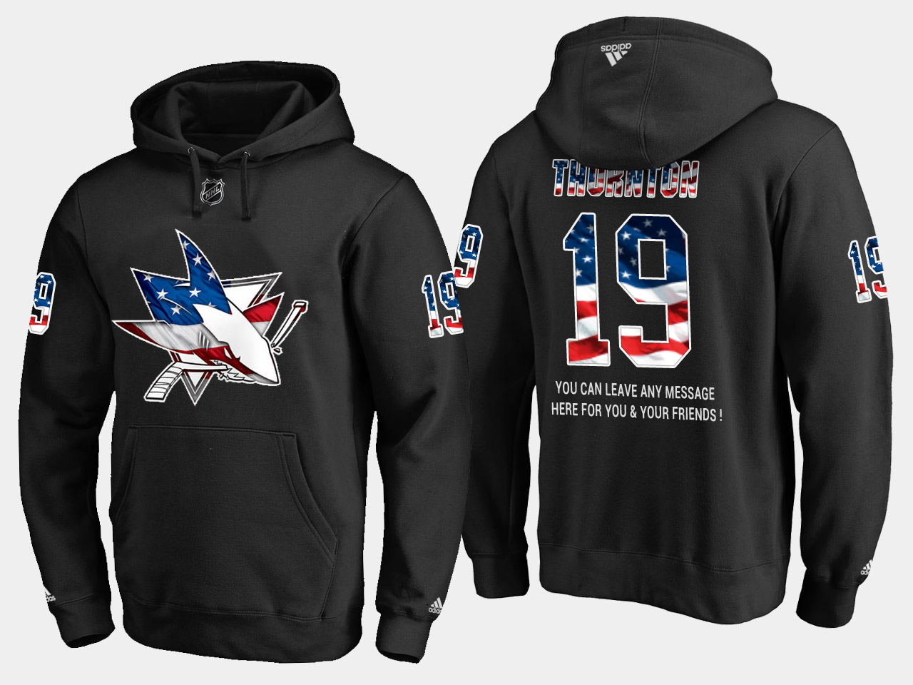 Sharks #19 Joe Thornton NHL Banner Wave Usa Flag Black Hoodie